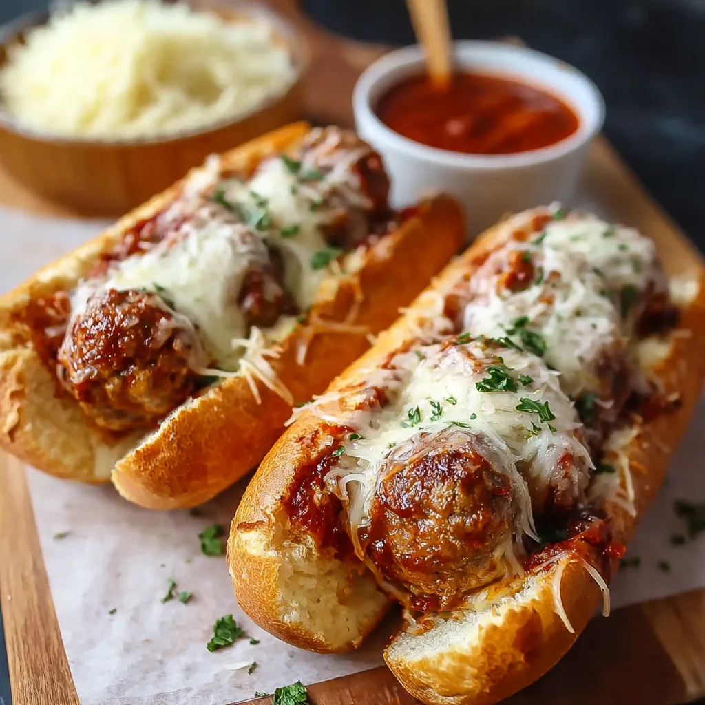 Cheesy Meatball Sub Close-Up A close-up view showcases the delicious layers of a Cheesy Meatball Subs, filled with savory meatballs, melted cheese, and marinara sauce.