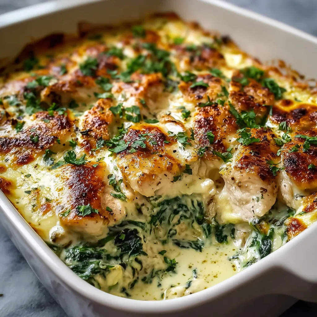 A close-up shot of a creamy and bubbly Chicken And Spinach Casserole, fresh out of the oven.