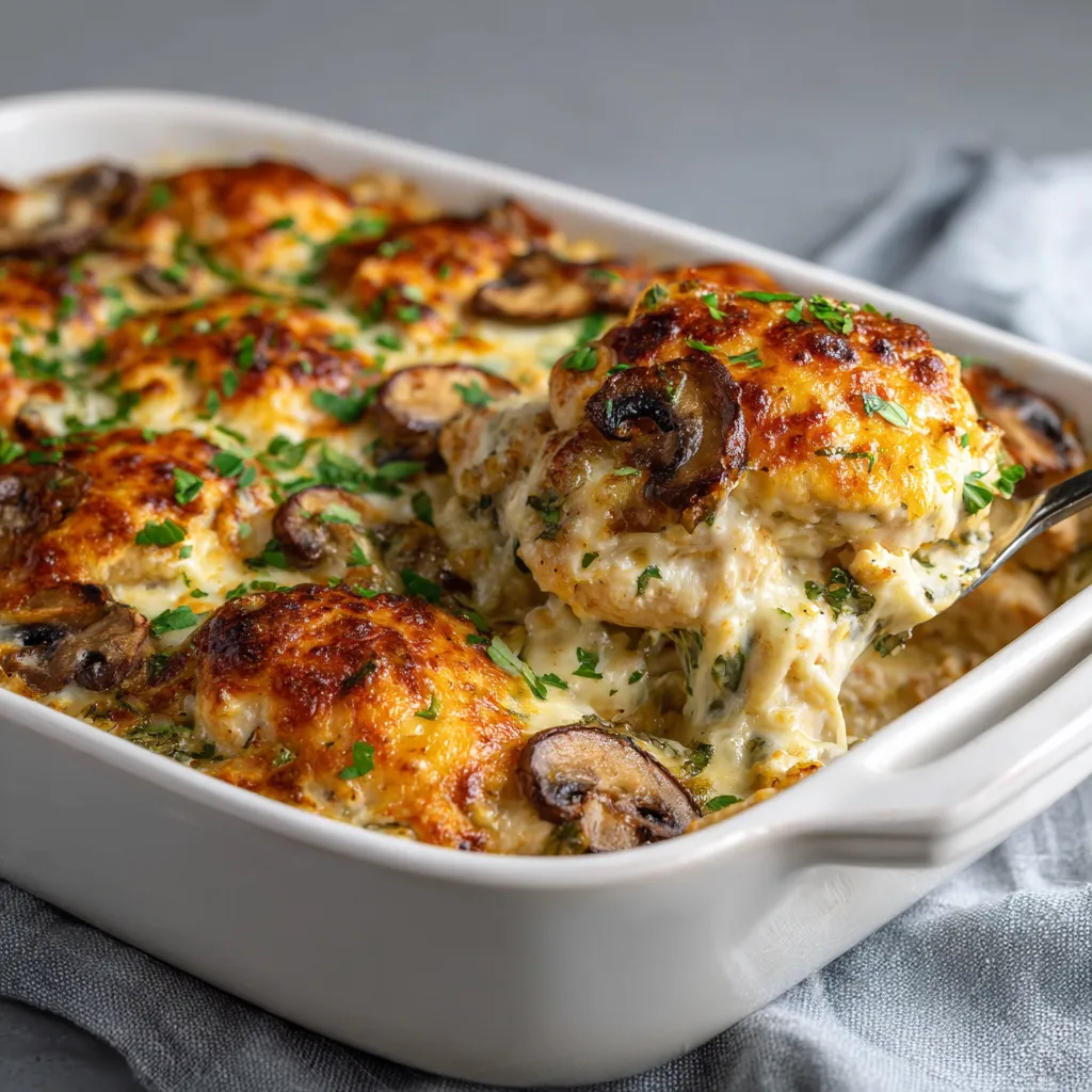 Chicken Casserole Delicious Second Helping A close-up view of a freshly baked Chicken Casserole, showcasing its golden-brown crust and creamy filling.