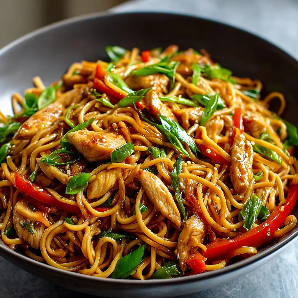 Delicious Chicken Lo Mein is shown in this close-up shot, highlighting the noodles, chicken, and vegetables.