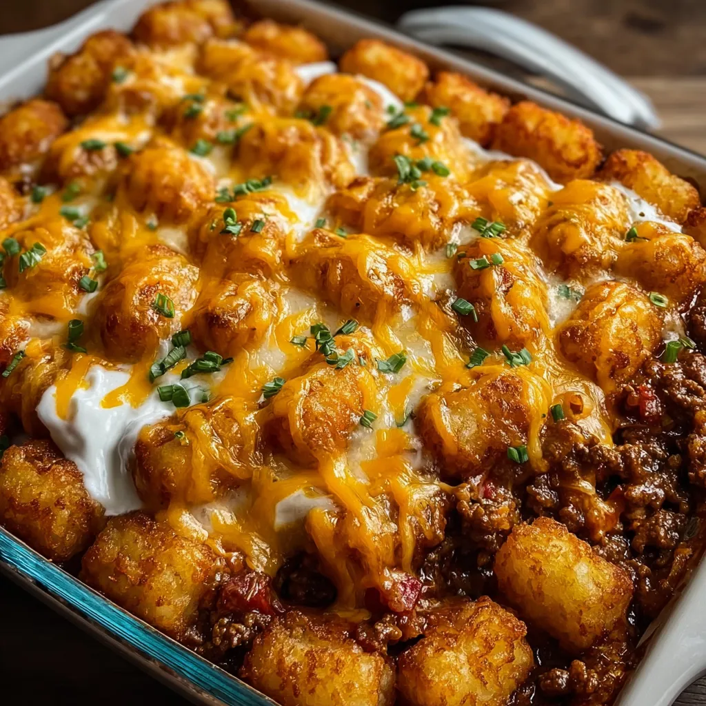 Chili Cheese Tot Casserole Recipe Close-up shot of a freshly baked Chili Cheese Tater Tot Casserole, showcasing its cheesy topping and crispy tater tots.