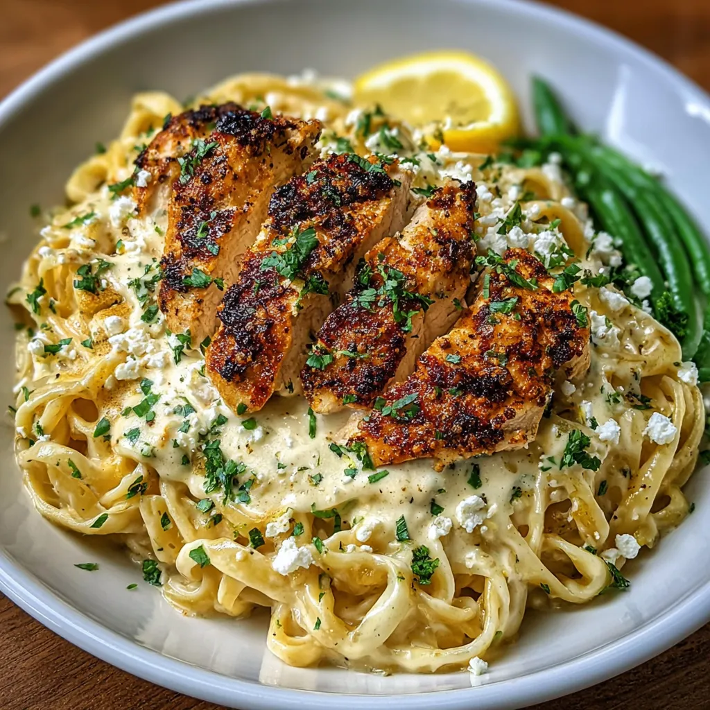 Close-up of creamy Coconut Lemon Chicken Alfredo pasta with grilled chicken and lemon zest.