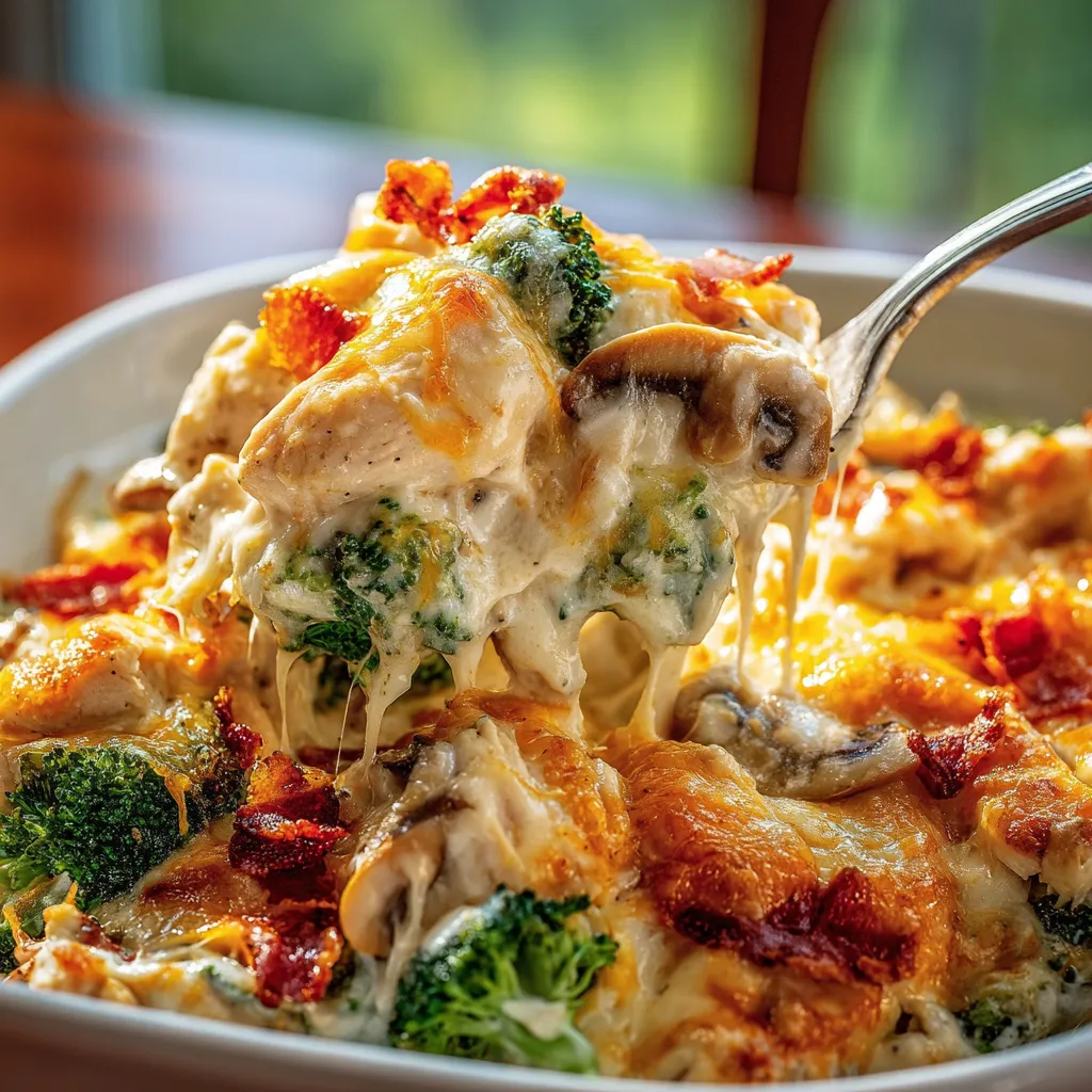 Close-up of a Creamy Low Carb Chicken Casserole, showcasing its creamy texture and baked topping.
