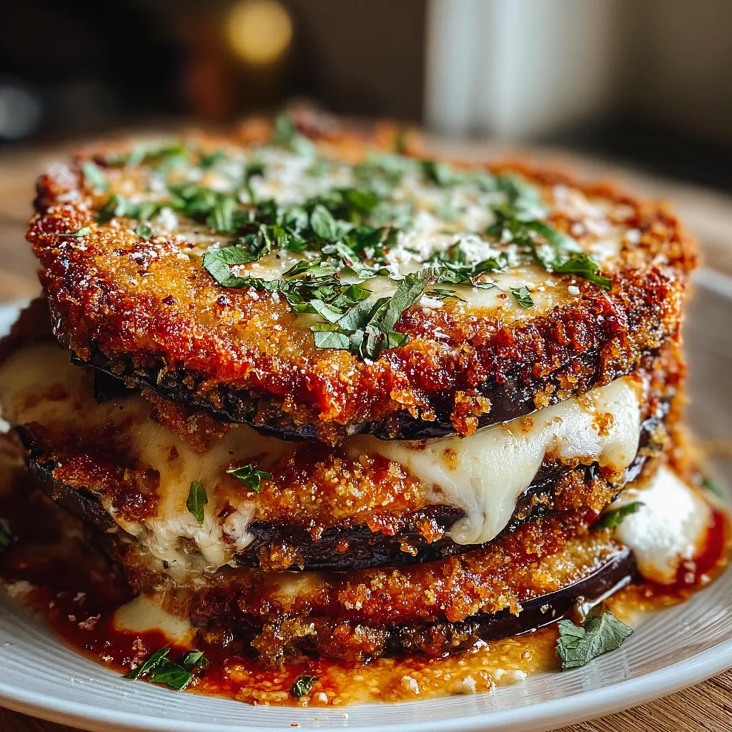 A close-up view of a freshly baked Eggplant Parmesan showcasing its layered eggplant, rich tomato sauce, and melted cheese.