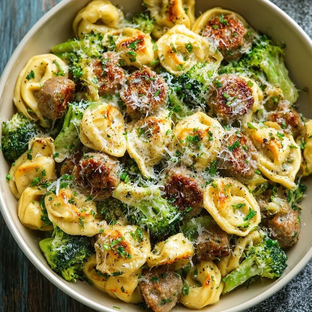 Close-up shot of Garlic Parmesan Tortellini, showcasing the creamy sauce and cheese topping.