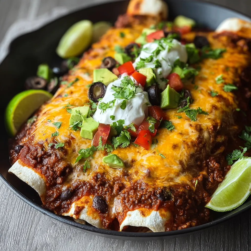 Close-up view of freshly baked Ground Turkey Black Bean Enchiladas, showcasing the melted cheese and vibrant toppings.