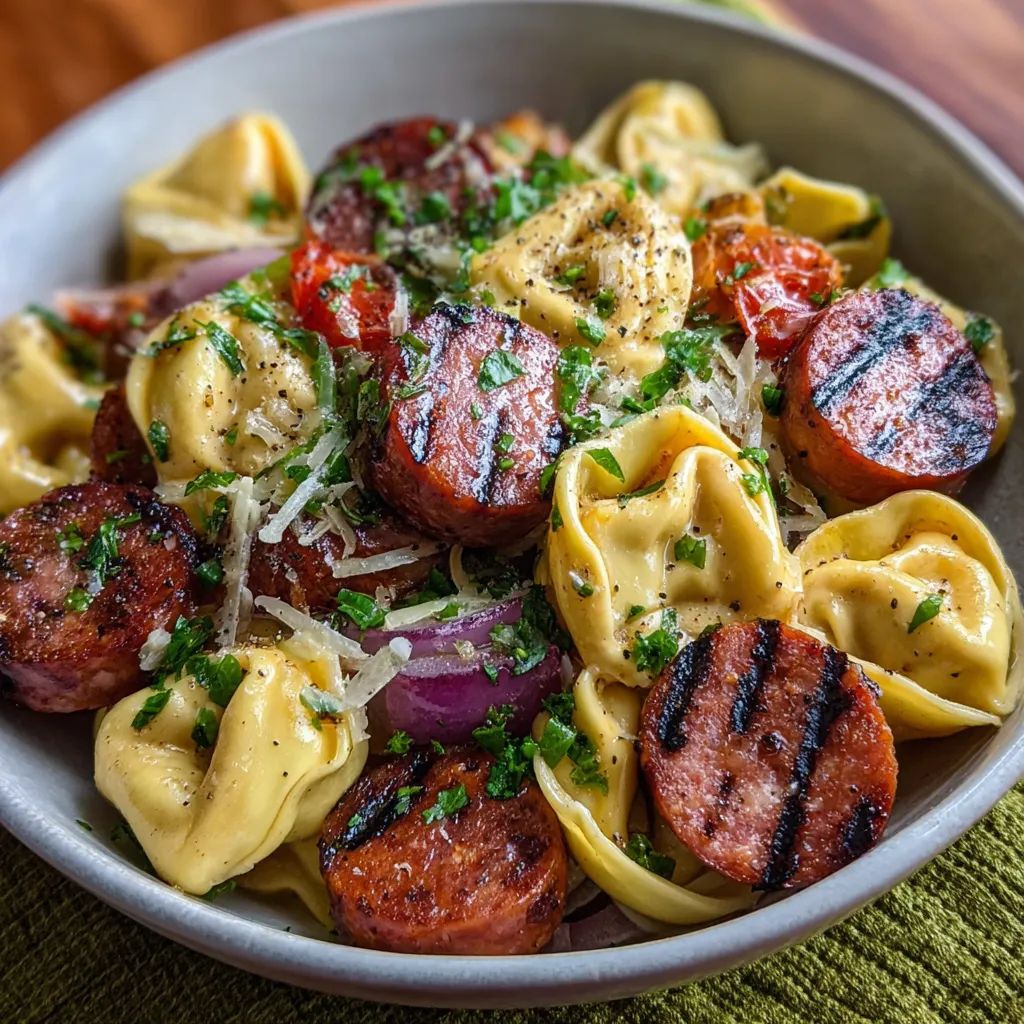 Close-up of delicious Kielbasa Tortellini, ready to be served in a flavorful sauce.