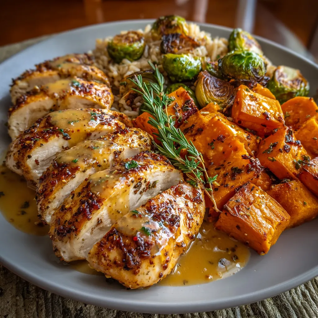Close-up shot of a delicious Maple Dijon Chicken and Sweet Potato Dinner, showcasing the vibrant colors and textures of the meal.