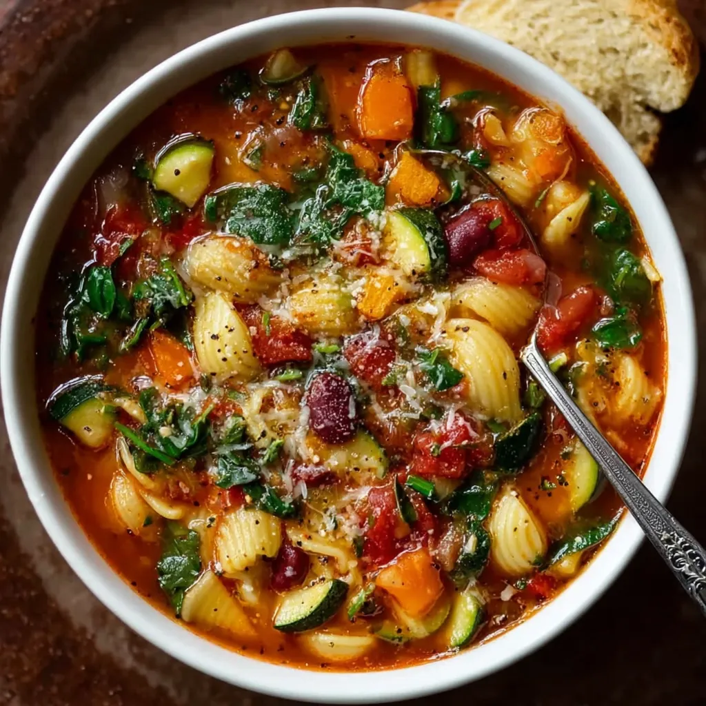 A vibrant close-up showcases a steaming bowl of homemade Minestrone Soup, filled with colorful vegetables and pasta.