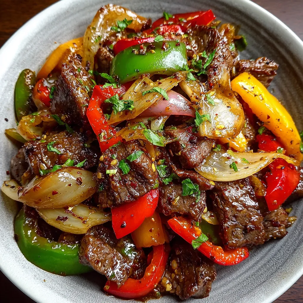 Delicious Pepper Steak with colorful bell peppers and juicy beef, ready to be served.