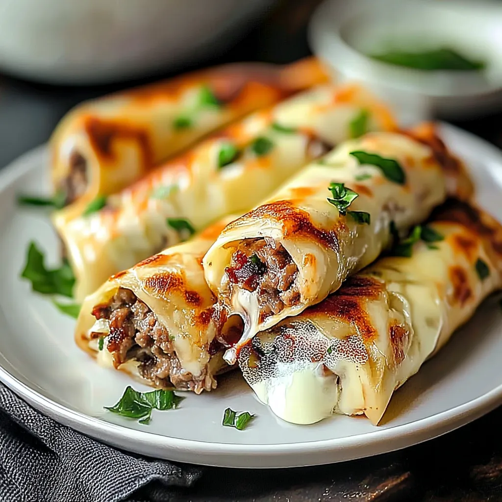Close-up shot of golden brown Philly Cheesesteak Roll Ups, showcasing the melted cheese and savory filling.