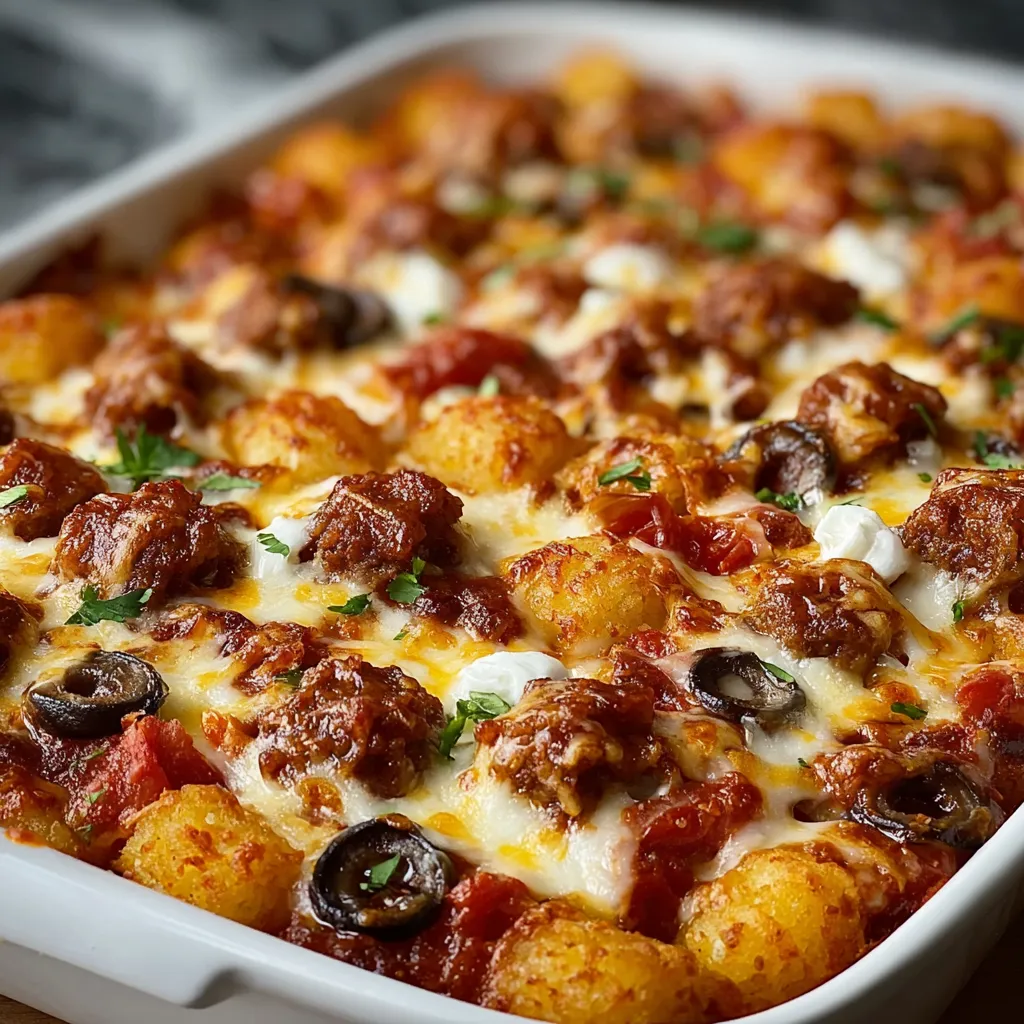 Pizza Tot Casserole Recipe A close-up shot showcases a delicious serving of Pizza Tot Casserole, fresh from the oven.