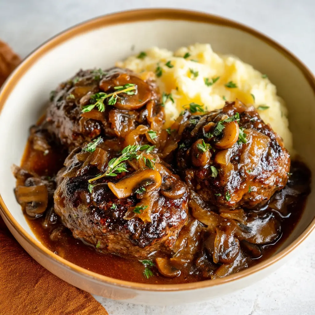 Close-up of a freshly cooked Salisbury Steak dish, showcasing its rich gravy and savory appearance.