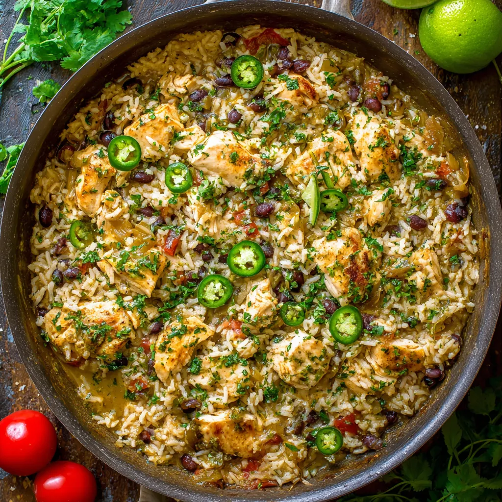 Salsa Verde Chicken Rice Skillet Recipe Close-up view of a flavorful Salsa Verde Chicken & Rice Skillet, showcasing the vibrant green salsa, tender chicken, and fluffy rice.