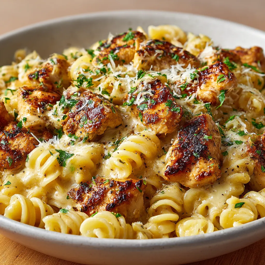 Close-up shot of creamy Garlic Butter Chicken Pasta, ready to eat.