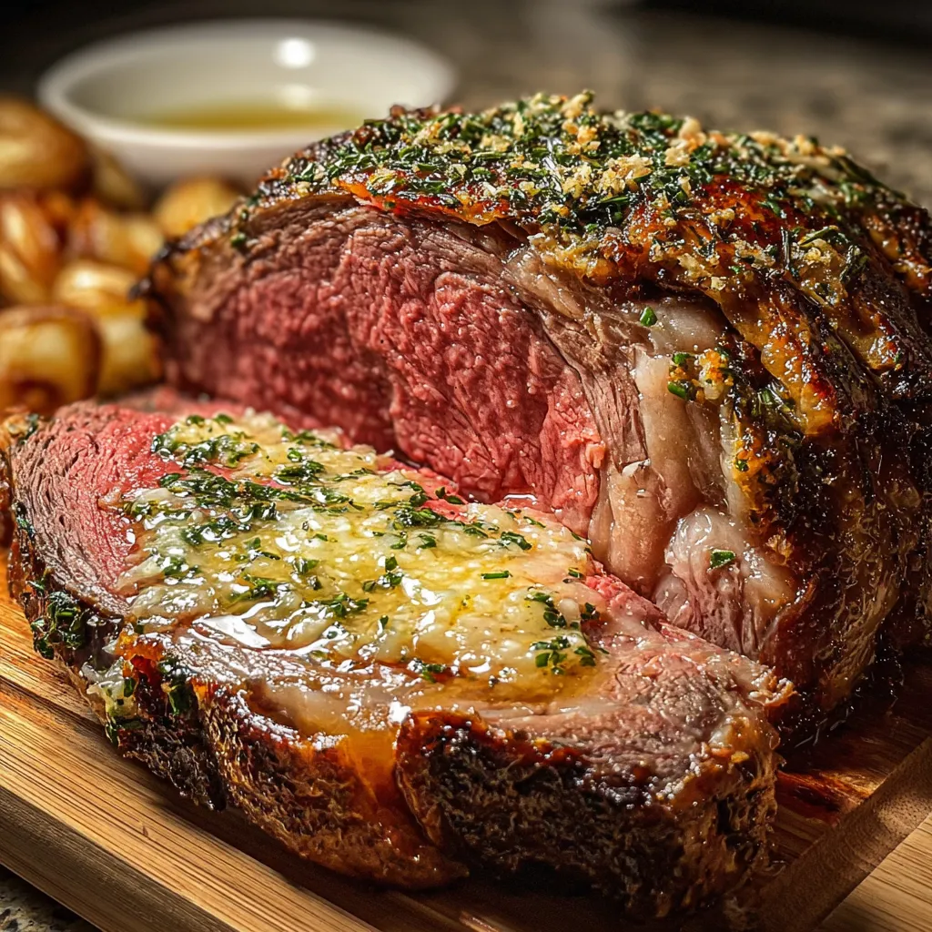 Garlic Butter Prime Rib Perfection Close-up of a perfectly seared Garlic Butter Prime Rib, showcasing its juicy interior and flavorful crust.