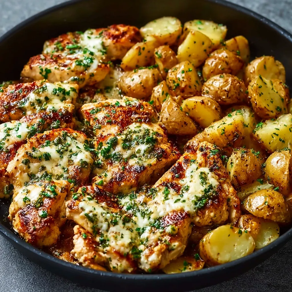 Garlic Parmesan Chicken & Potatoes Close-up view of delicious Garlic Parmesan Chicken And Potatoes served on a plate.