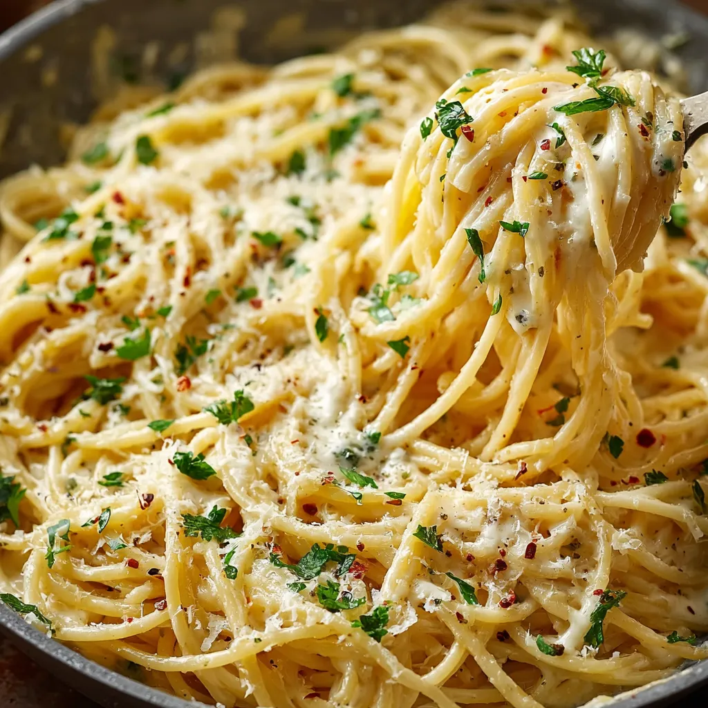 Close-up of creamy Garlic Parmesan Spaghetti, showcasing the sauce and grated parmesan cheese.