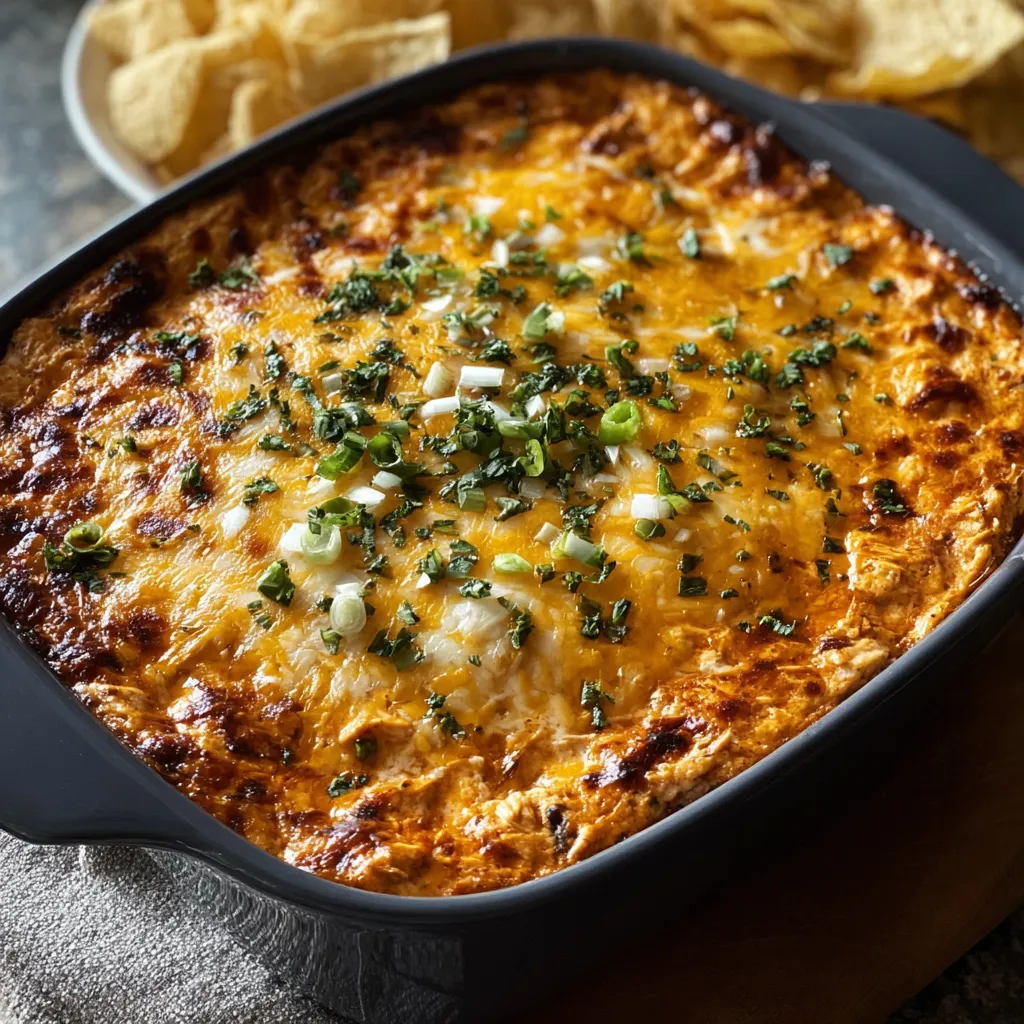 Graveyard Chicken Enchilada Dip Recipe A close-up shot showcasing the creamy texture and delicious toppings of the prepared Graveyard Chicken Enchilada Dip, ready to be served.