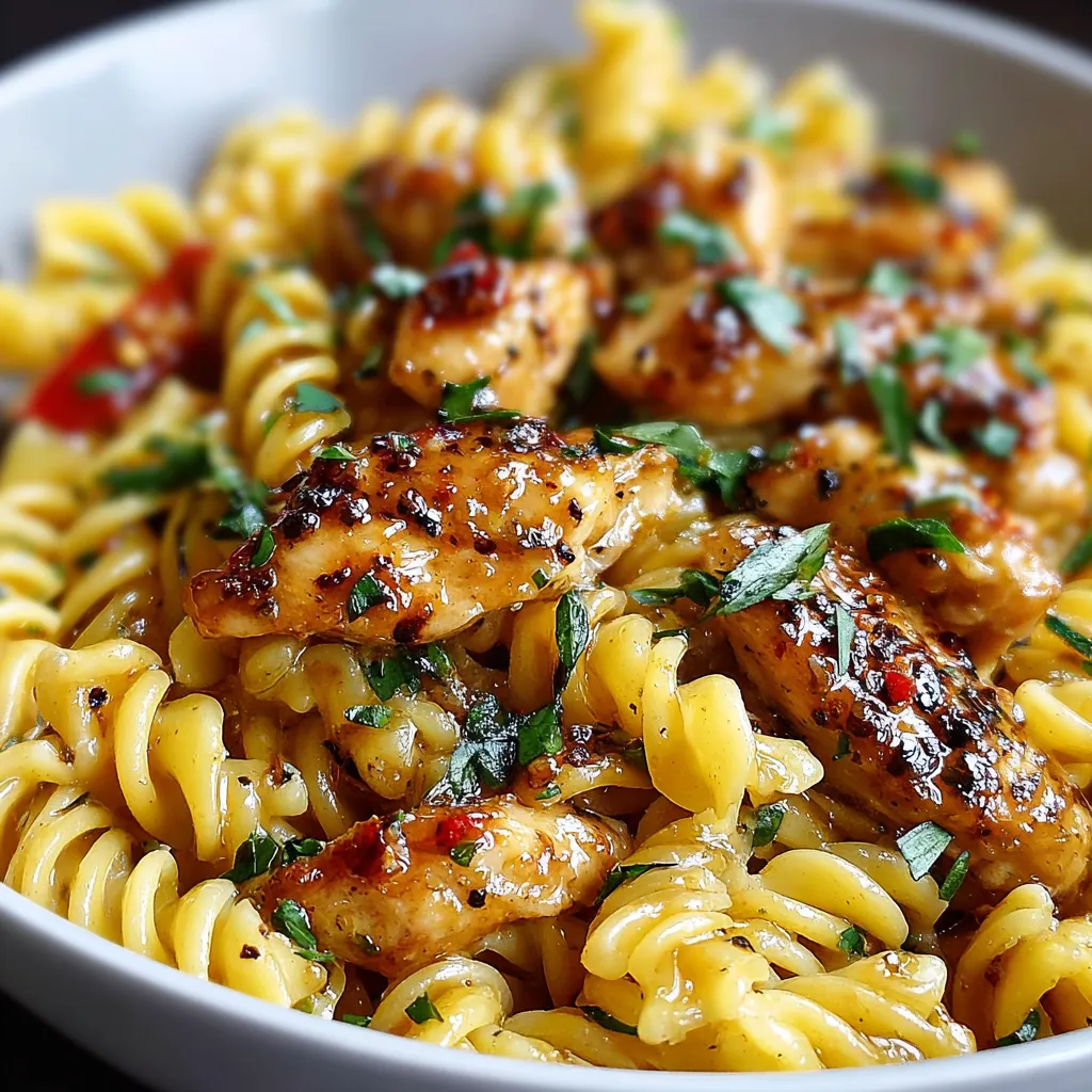 Close-up shot of creamy Honey Pepper Chicken Pasta, showcasing the tender chicken and vibrant peppers.