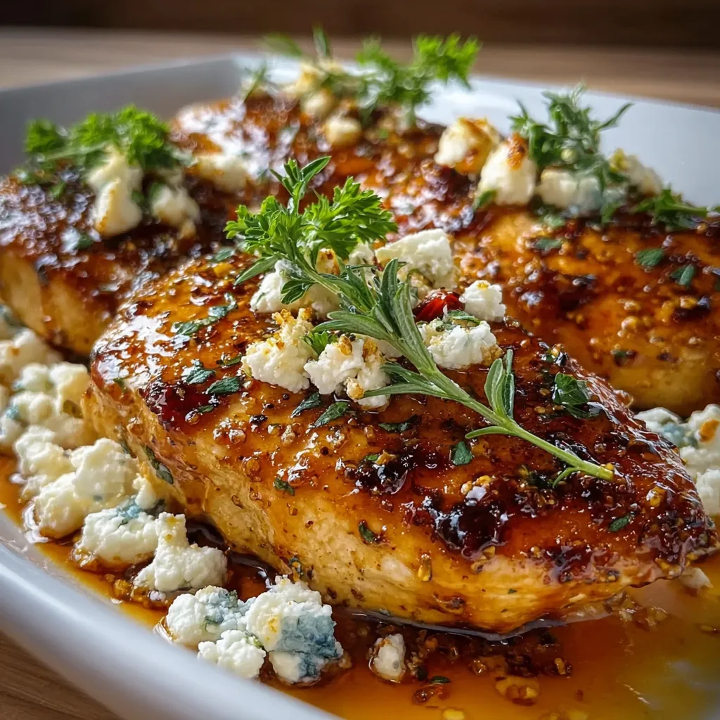 A close-up shot showcases a serving of delicious Hot Honey Feta Chicken, plated and ready to eat.