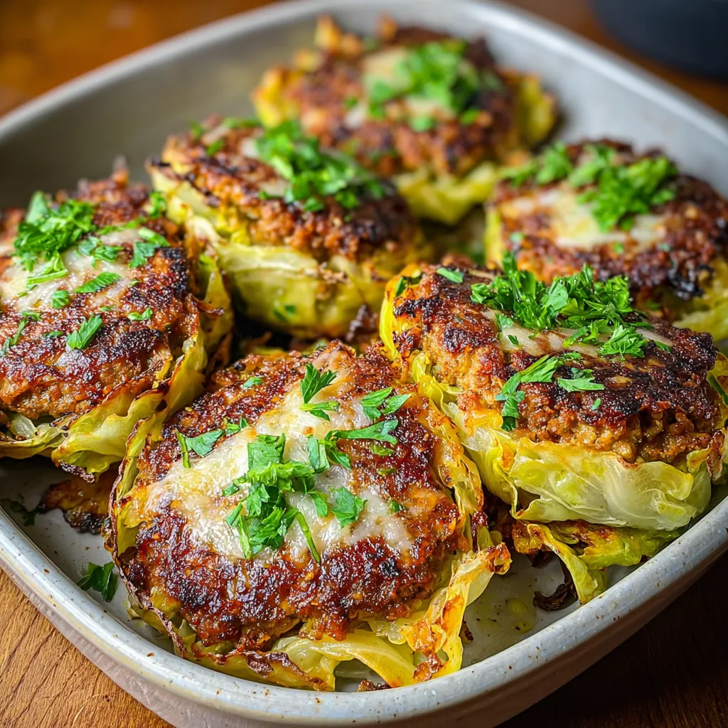 A close-up shot reveals the delicious details of freshly made Oven-Baked Cabbage Burgers, ready to be served.