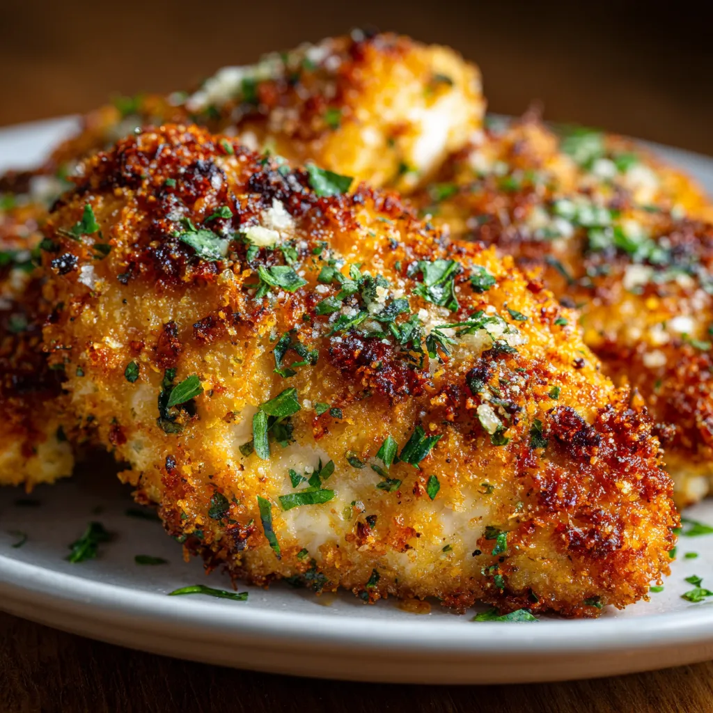 Crispy Parmesan Chicken Oven Baked Close-up showing the golden-brown, crispy coating of the Oven-Baked Crispy Parmesan Chicken.