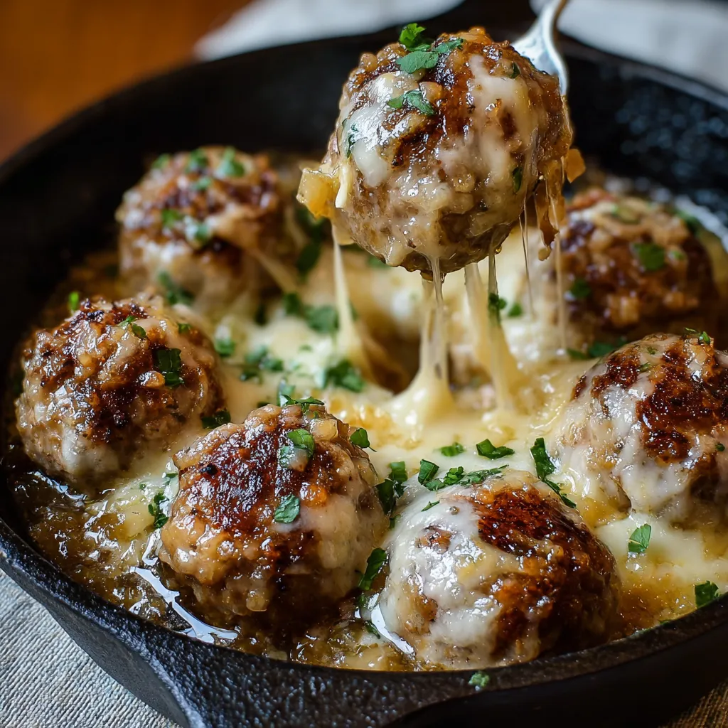 French Onion Meatballs Close Up Close-up of savory French Onion Meatballs, showcasing their golden-brown crust and delicious onion-infused sauce.