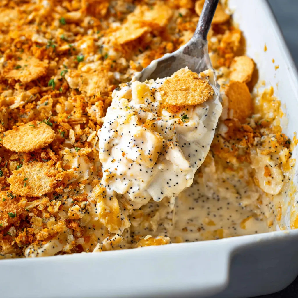Close-up shot of a creamy Poppy Seed Chicken Casserole, baked golden brown and ready to serve.