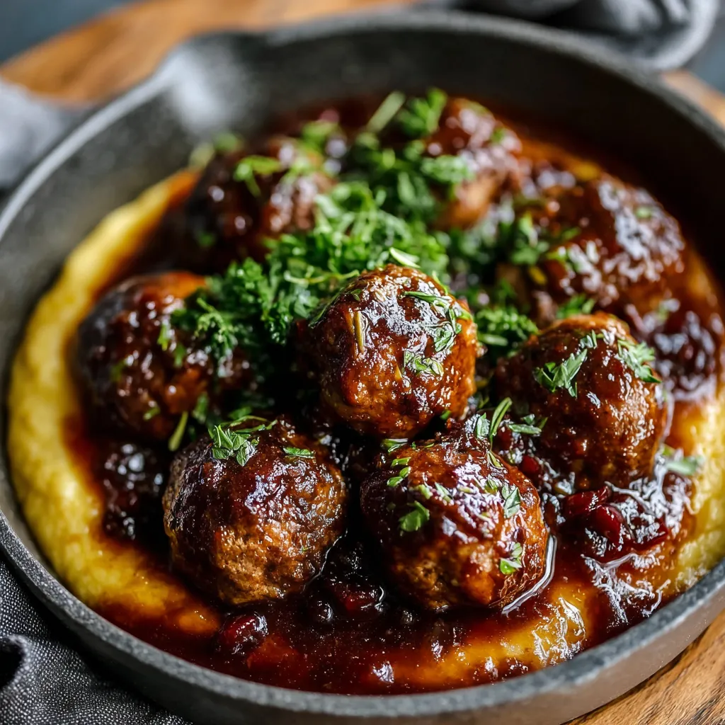 Close-up of savory Red Wine Braised Meatballs simmering in a rich red wine sauce.
