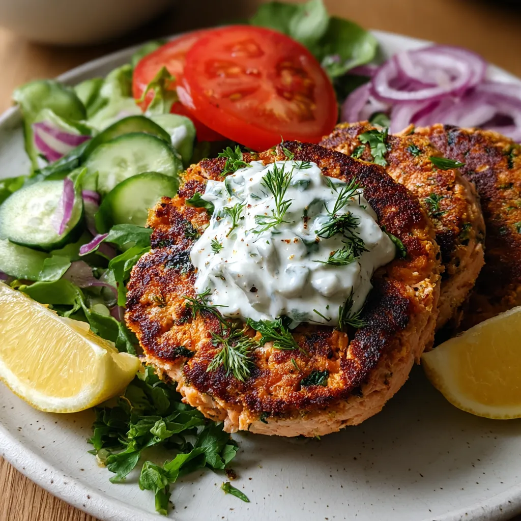Salmon Burgers with Tzatziki Recipe Close-up of delicious Salmon Burgers With Tzatziki, showcasing the burger's texture and creamy sauce.