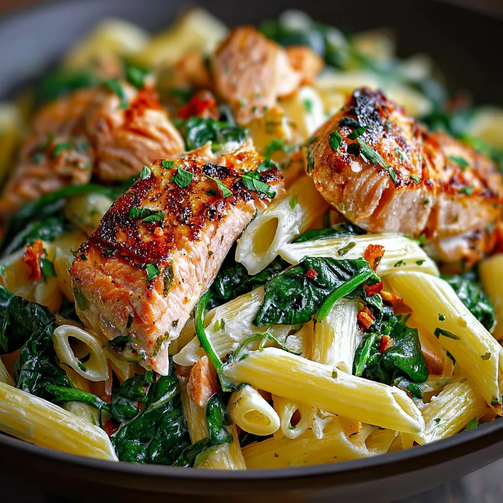 A close-up shot showcasing a delicious serving of Salmon Spinach Pasta, highlighting the creamy sauce and vibrant green spinach.