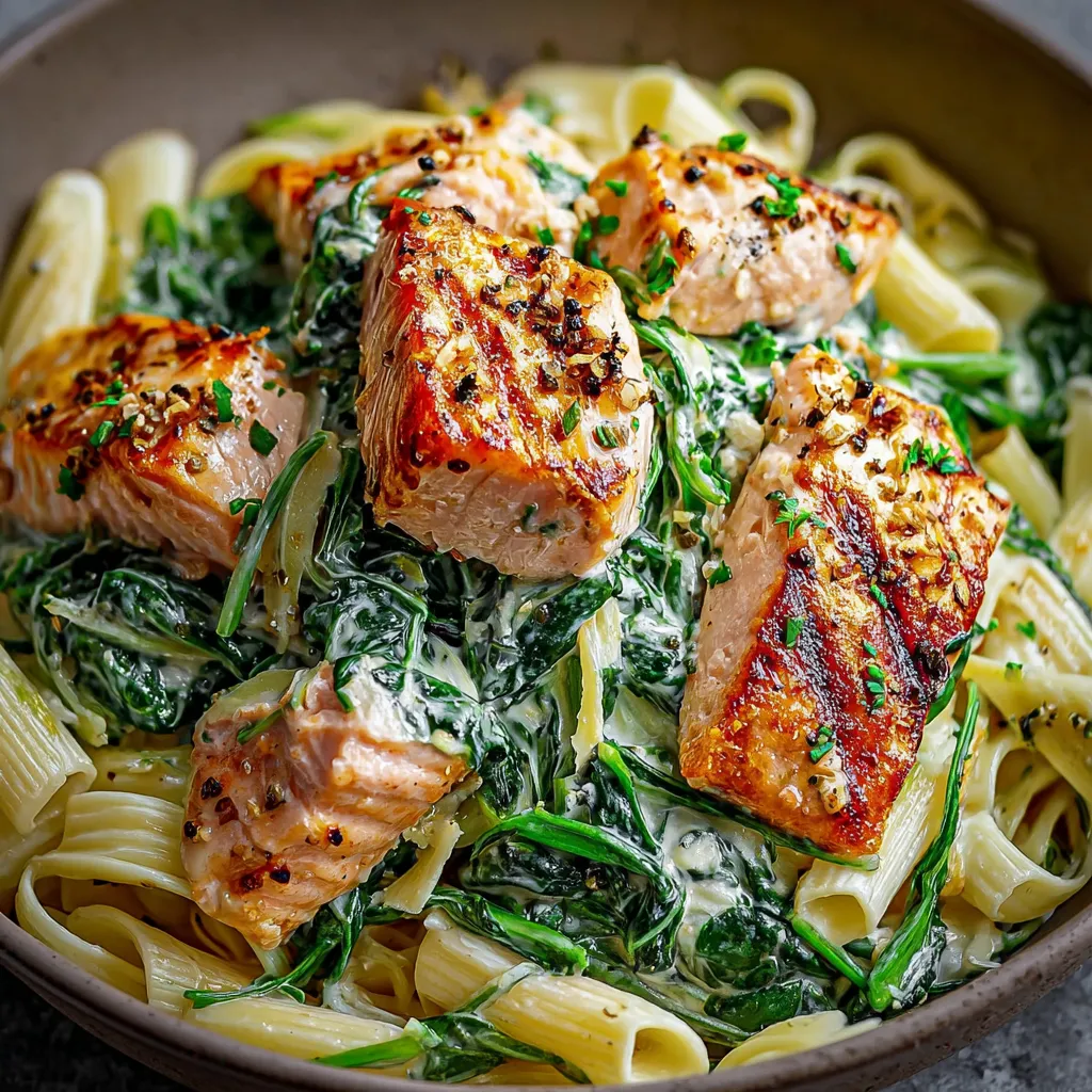 Salmon Spinach Pasta Recipe Close-up view of a delicious plate of Salmon Spinach Pasta, showcasing the creamy sauce and vibrant ingredients.