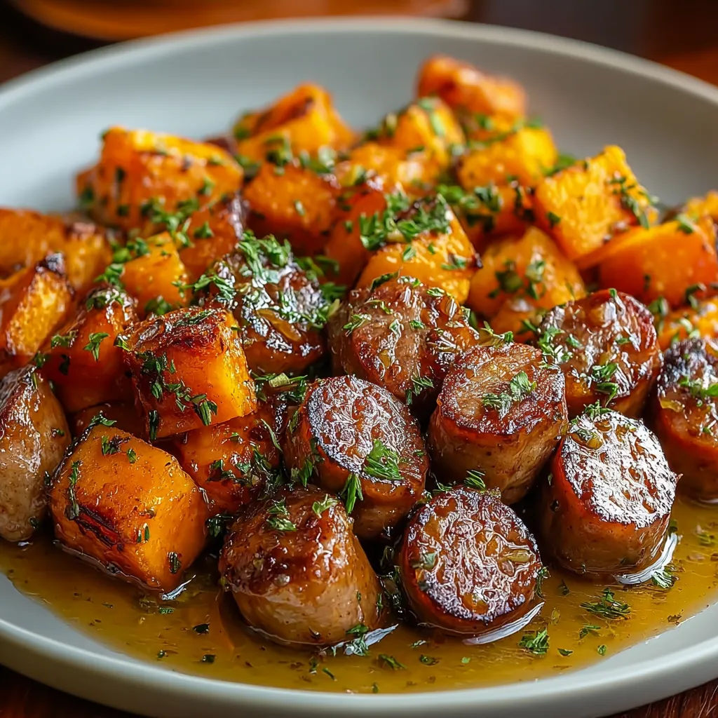 A vibrant dish showcasing Sausage Sweet Potatoes Honey Garlic, ready to be enjoyed as a delicious and healthy meal.