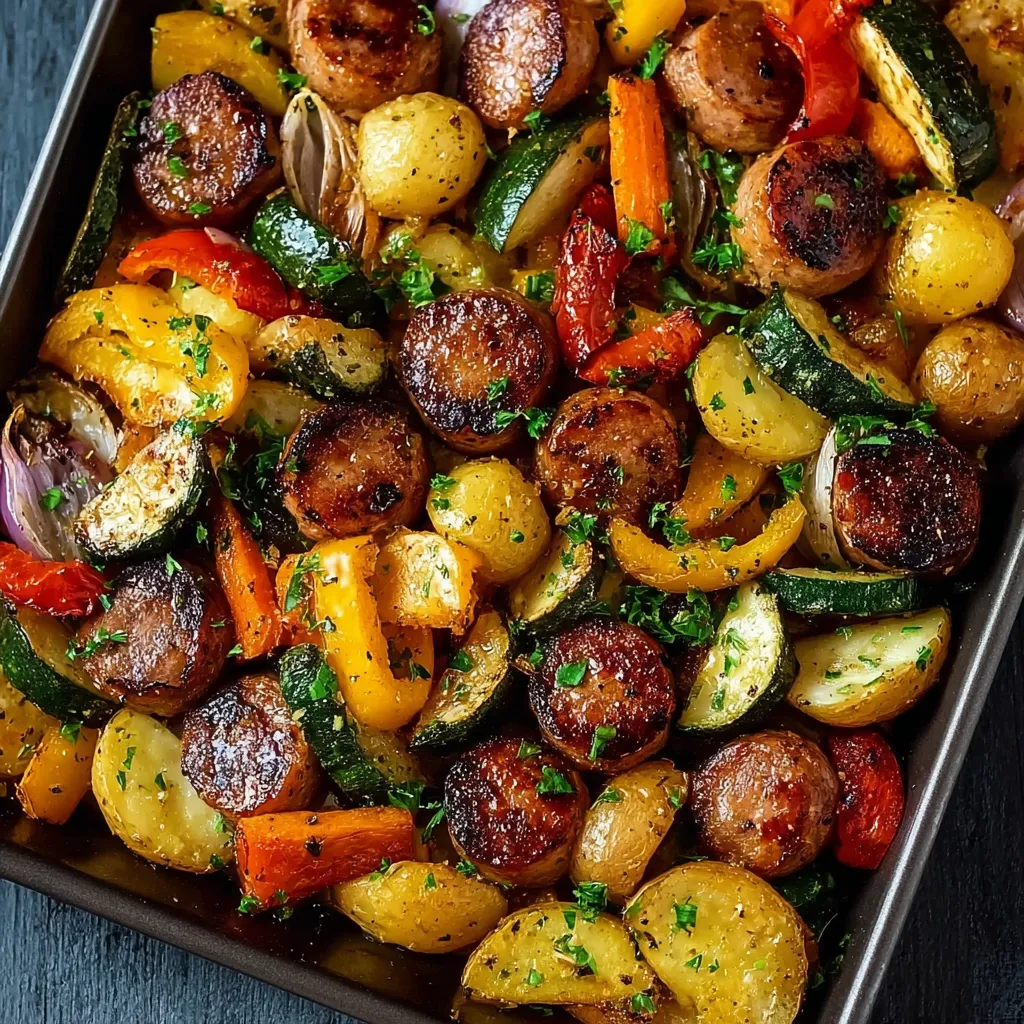 Sheet Pan Sausage Veggies Recipe Close-up of perfectly roasted Sheet Pan Sausage & Veggies with colorful bell peppers, onions, and juicy sausage links.