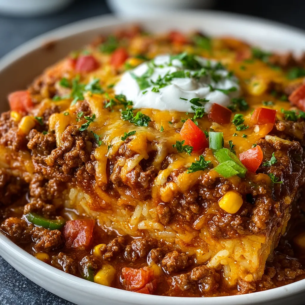Easy Sloppy Joe Casserole Recipe A close-up shot of a freshly baked Sloppy Joe Casserole showing its bubbling cheesy topping and saucy ground beef filling.