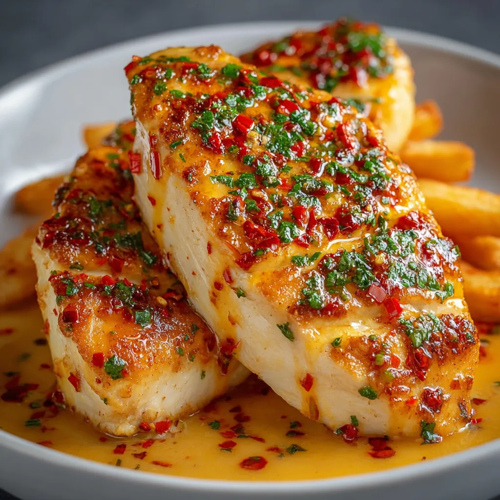 Spicy Chicken Fillet in Sauce Recipe Close-up view of a juicy Spicy Chicken Fillet In Sauce, showcasing its vibrant colors and tantalizing texture.