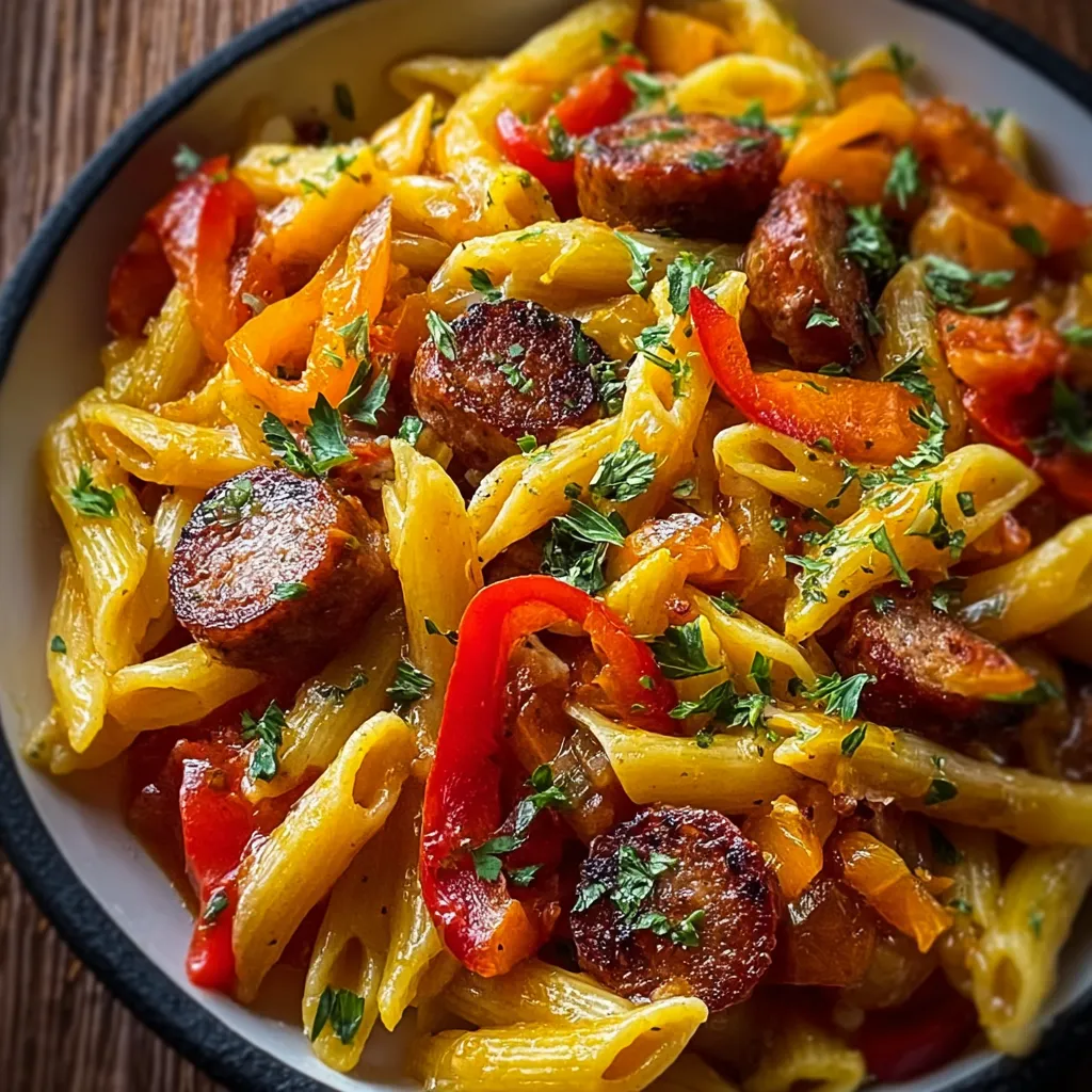 Sweet Pepper Sausage Pasta Closeup Close-up view of delicious Sweet Pepper Sausage Pasta, showcasing its vibrant colors and savory ingredients.