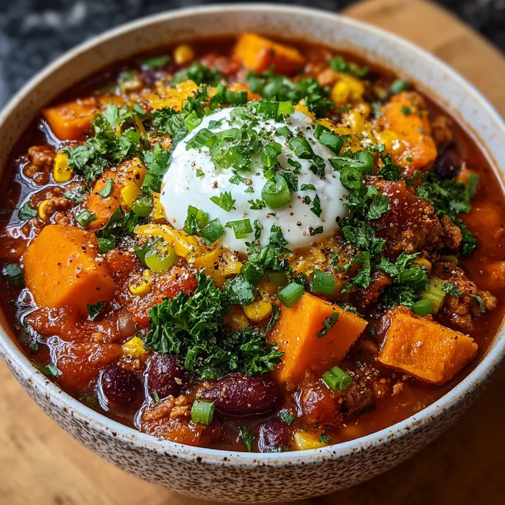 Turkey Sweet Potato Chili Bowl A close-up shot displays a hearty bowl of Turkey Sweet Potato Chili, showcasing its vibrant colors and textures.