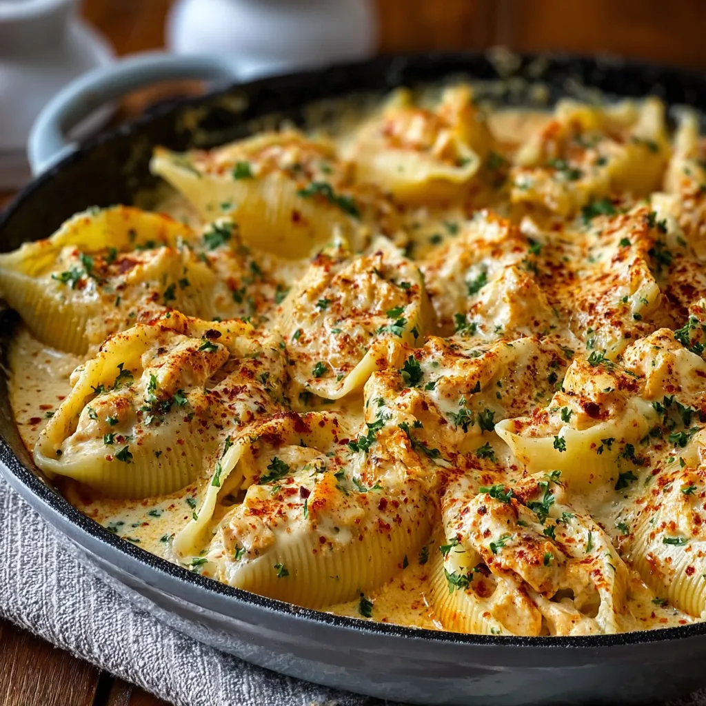 Cajun Chicken Stuffed Shells Recipe Close-up of flavorful Cajun Chicken Stuffed Shells, showcasing the creamy filling and golden-brown baked pasta.