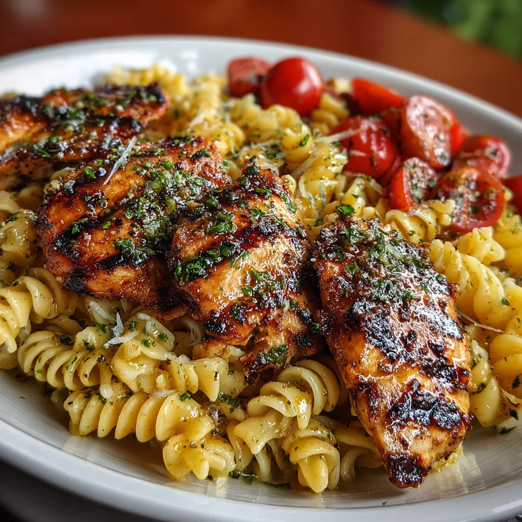 Grilled Chicken Pasta Recipe Close-up shot of a delicious serving of Grilled Chicken Pasta, ready to eat.