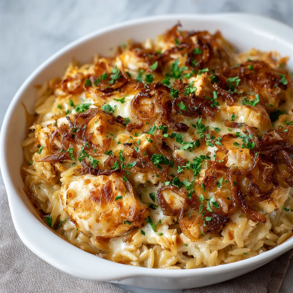 BEST FRENCH ONION CHICKEN ORZO CASSEROLE