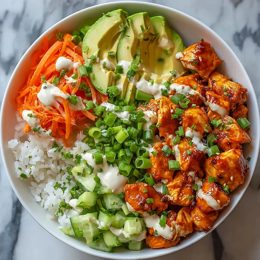 A delicious Buffalo Chicken Bowl with creamy sauce and colorful toppings is featured in this article.