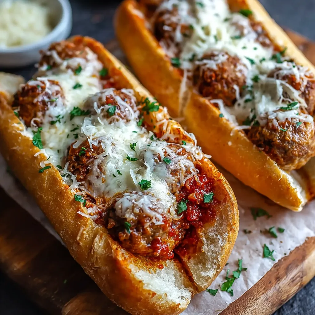 A close-up showcases delicious Cheesy Meatball Subs, oozing with melted cheese and savory tomato sauce.