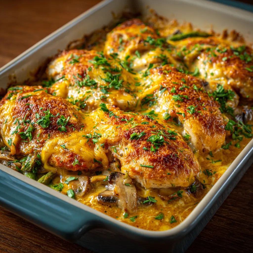 Delicious homemade Chicken Casserole with a golden-brown topping, ready to be served as a comforting family meal.