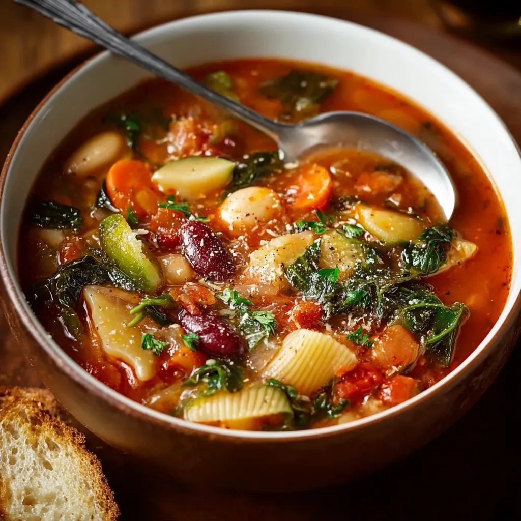 A vibrant bowl of homemade Minestrone Soup, showcasing colorful vegetables and pasta in a rich broth, perfect for a comforting meal.