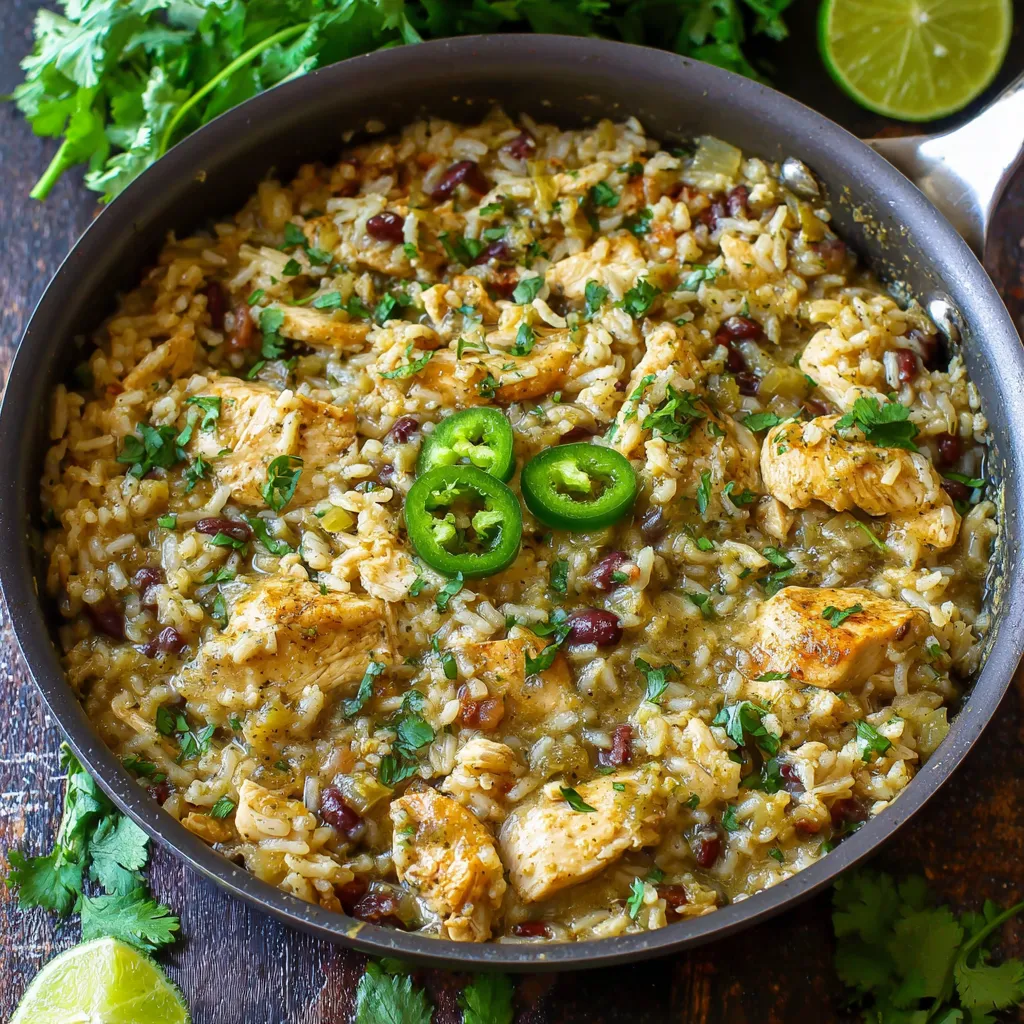 A close-up shot of a vibrant Salsa Verde Chicken & Rice Skillet, showcasing the tender chicken, fluffy rice, and flavorful salsa verde.