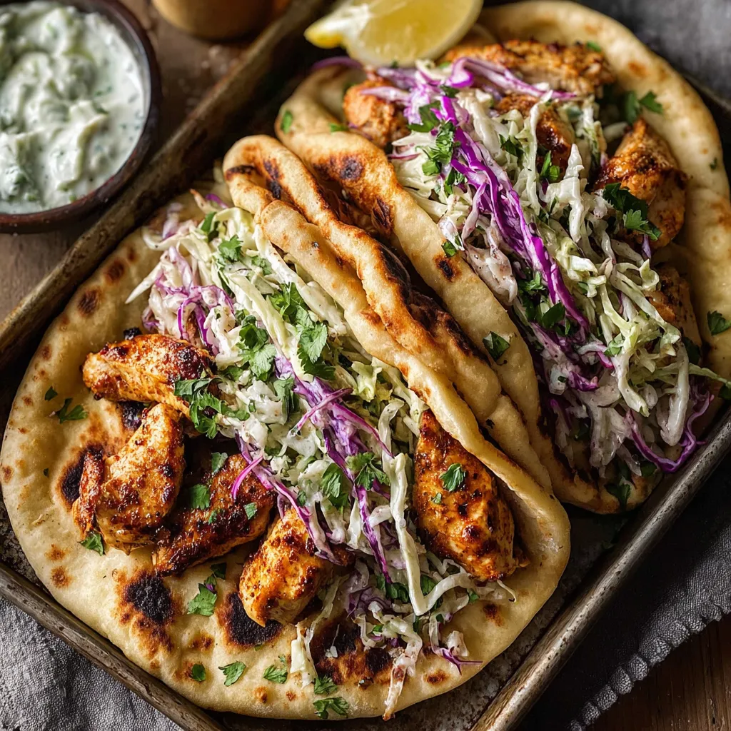 Close-up of delicious and colorful Sheet Pan Chicken Pitas, showcasing the baked chicken and fresh toppings.