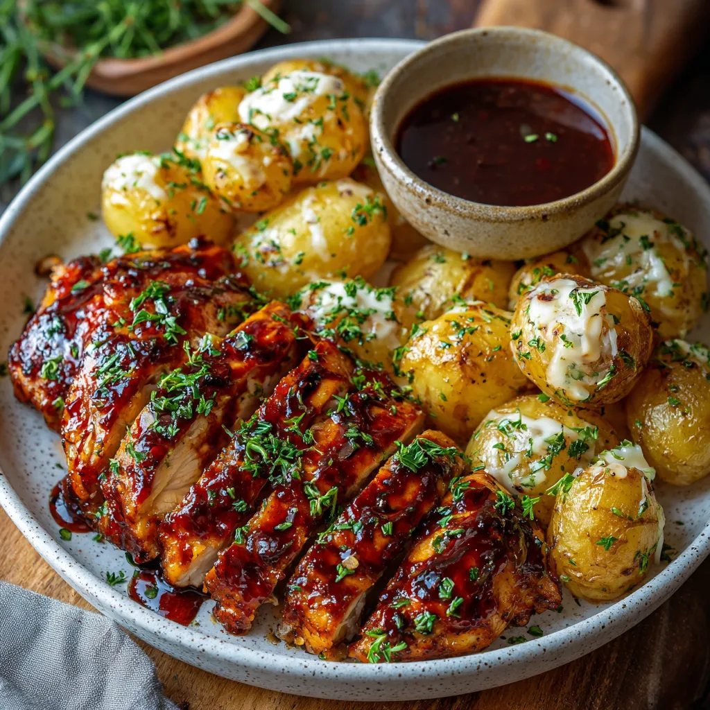 HONEY BBQ CHICKEN AND CREAMY GARLIC POTATOES BEST
