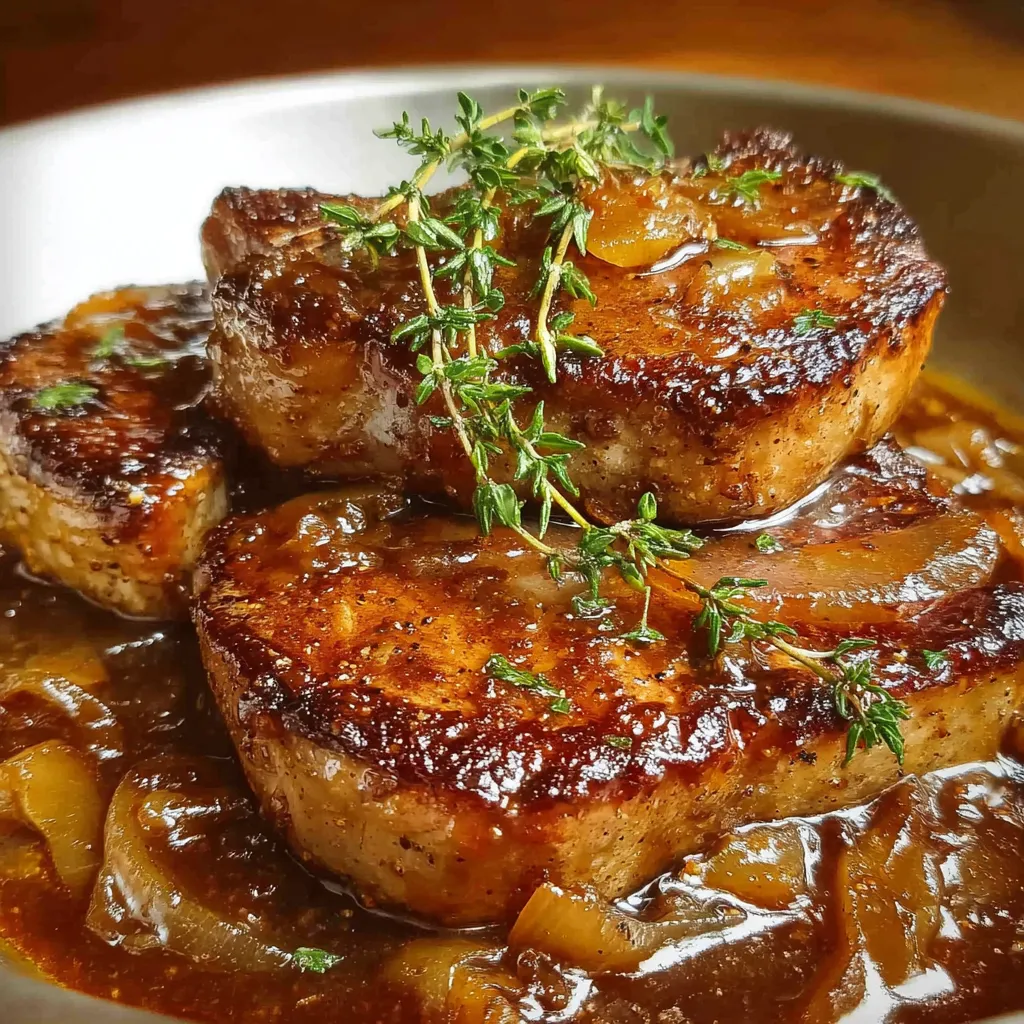 Close-up of juicy Apple Butter Pork Chops with a glistening glaze, showcasing the dish's savory sweetness.